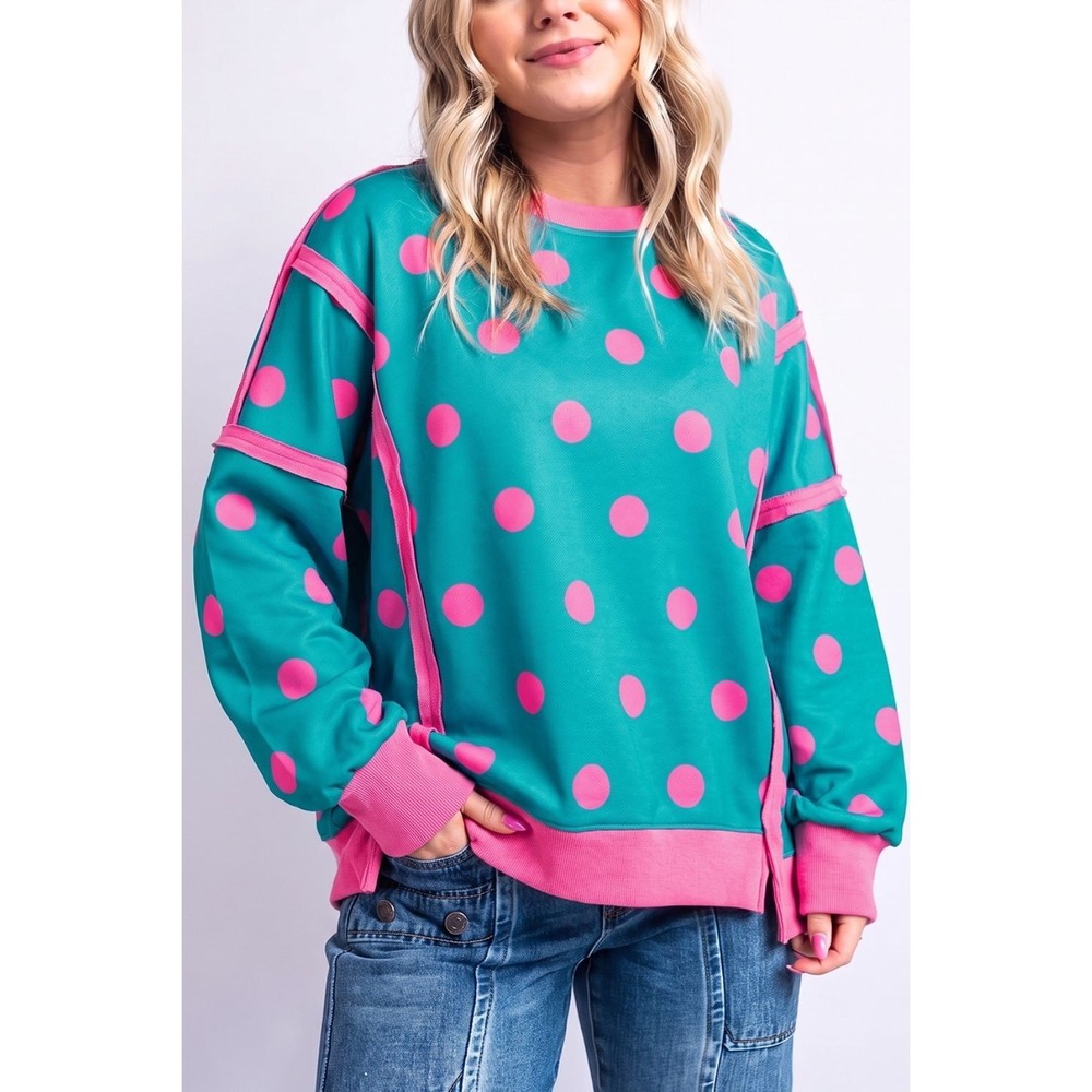 Polka Dot Contrast Patchwork Round Neck Baggy Sweatshirt - XL